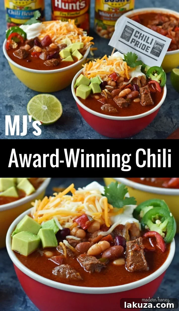 A large serving of MJ's Award-Winning Beef Chili, ready to be enjoyed.