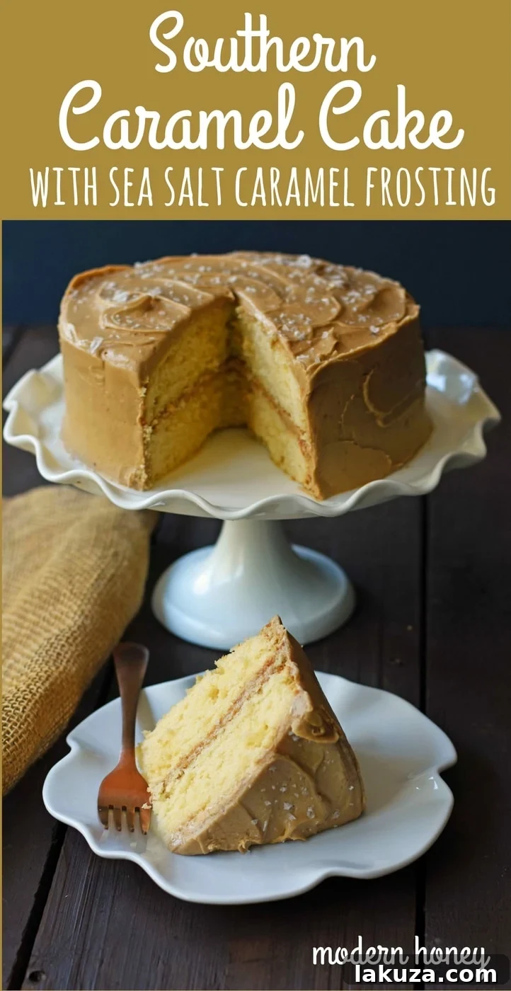Southern Caramel Cake with Salted Caramel Frosting. A moist and fluffy yellow cake with sea salt caramel frosting. A Southern favorite cake! www.modernhoney.com