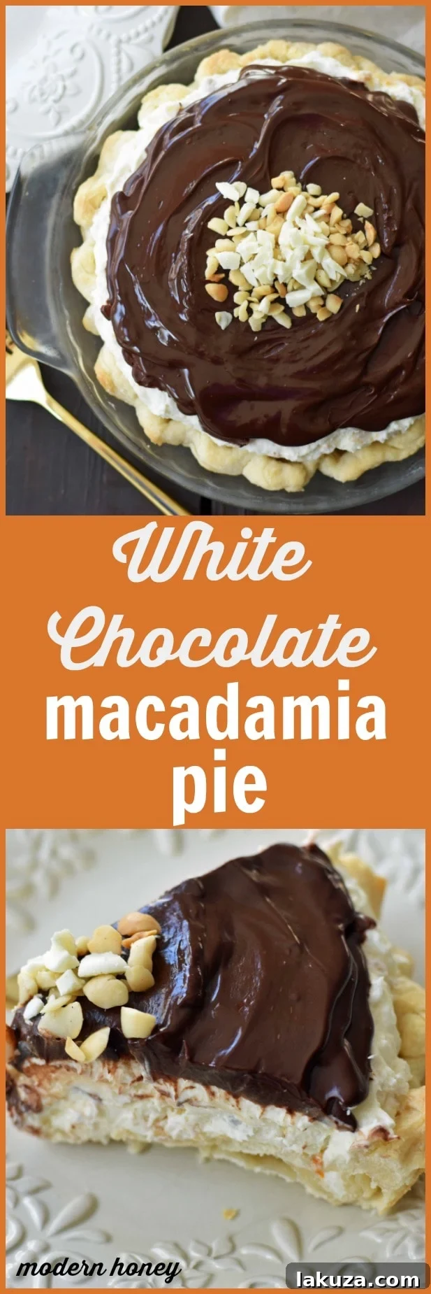 White Chocolate Macadamia Pie made with a fluffy white chocolate cream filling studded with orange zest and macadamia nuts and topped with a silky smooth chocolate ganache and freshly whipped cream. White Chocolate Orange Chocolate Ganache Pie. The BEST PIE ever! www.modernhoney.com
