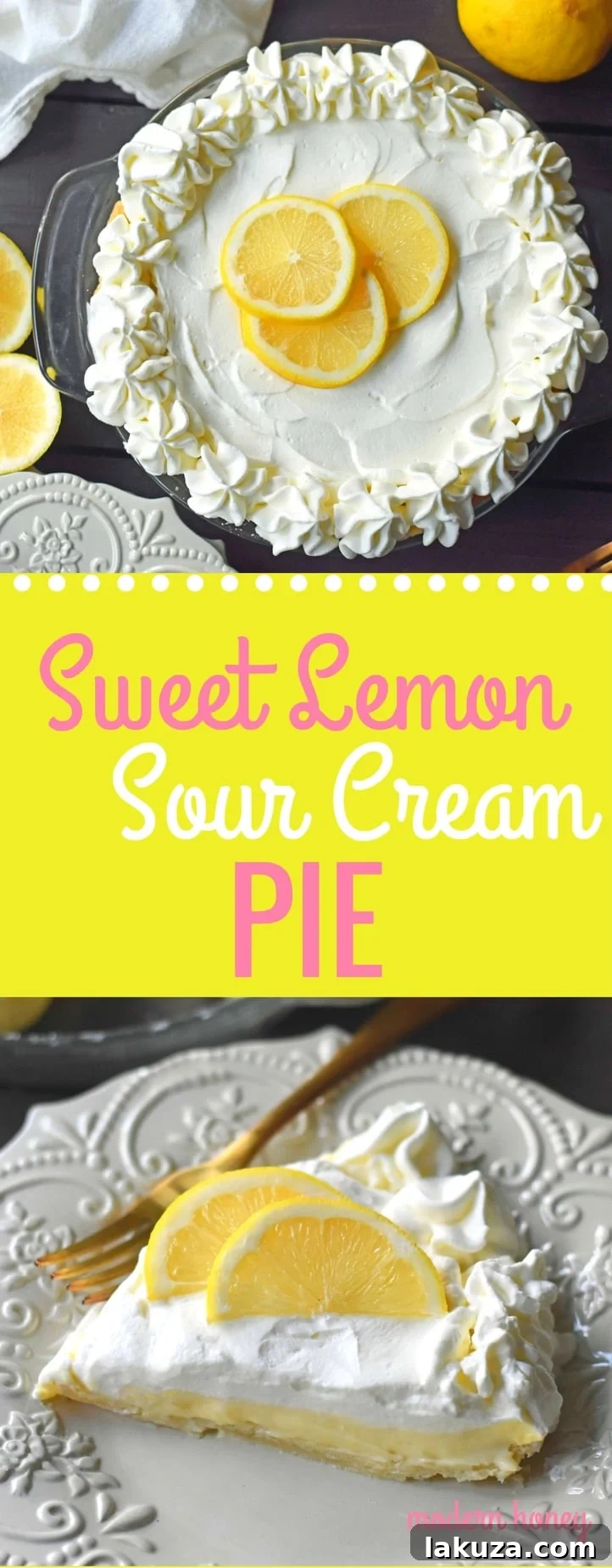 Final presentation of a Sweet Lemon Sour Cream Pie, emphasizing its rich texture and tempting layers in a rustic setting