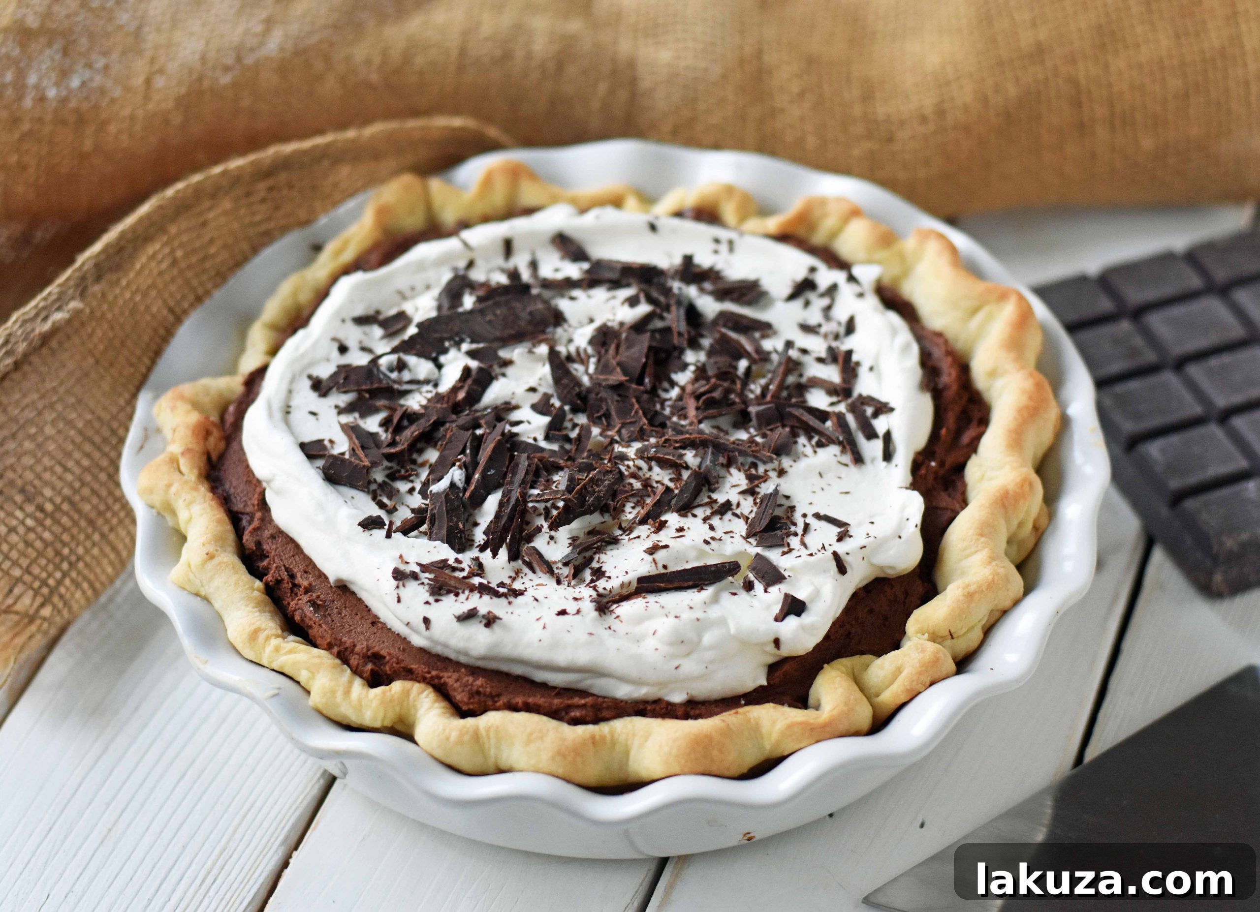 Another perspective of the perfect Chocolate Cream Pie, garnished beautifully.