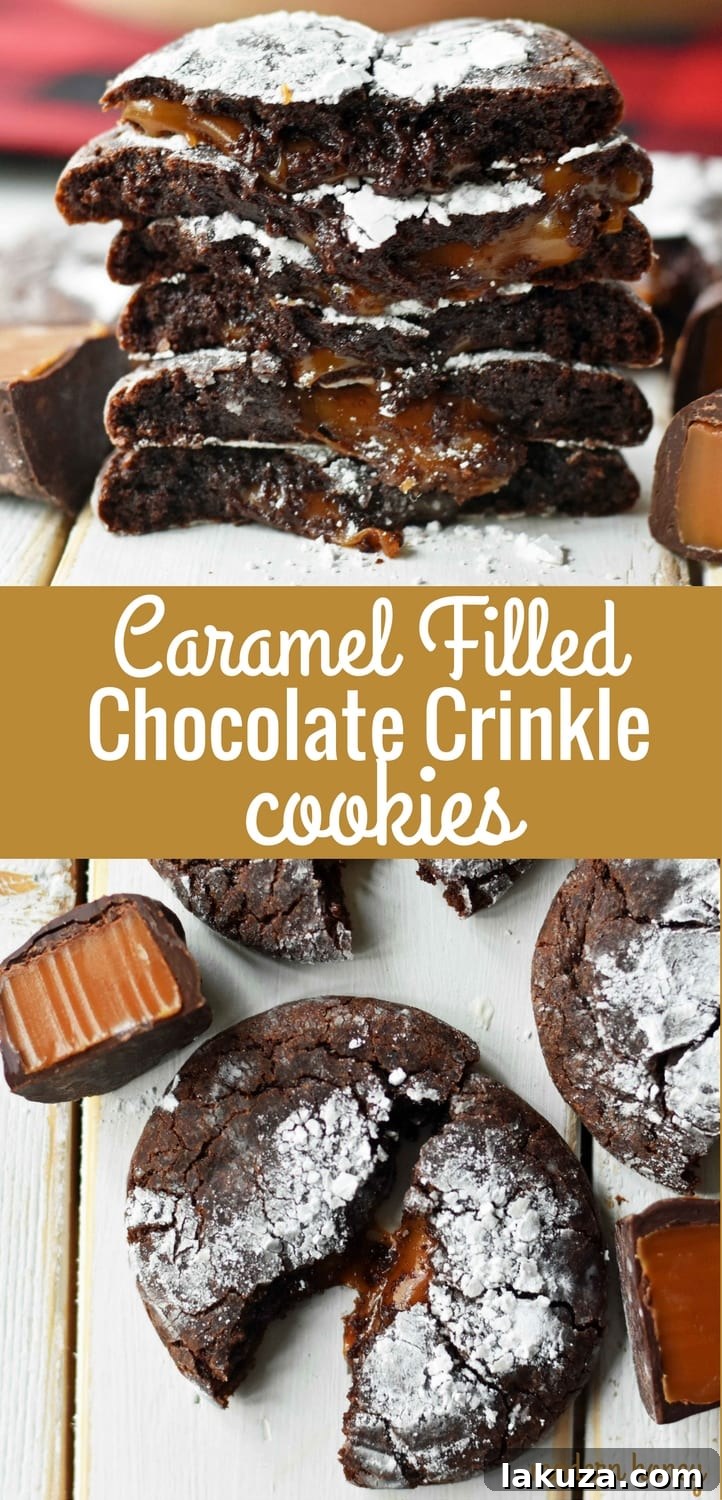 Molten Caramel Chocolate Crinkles 9 Caramel Filled Chocolate Crinkle Cookies. Soft chewy chocolate cookies with soft caramel center and roll into powdered sugar. A popular chocolate caramel filled cookie. www.modernhoney.com