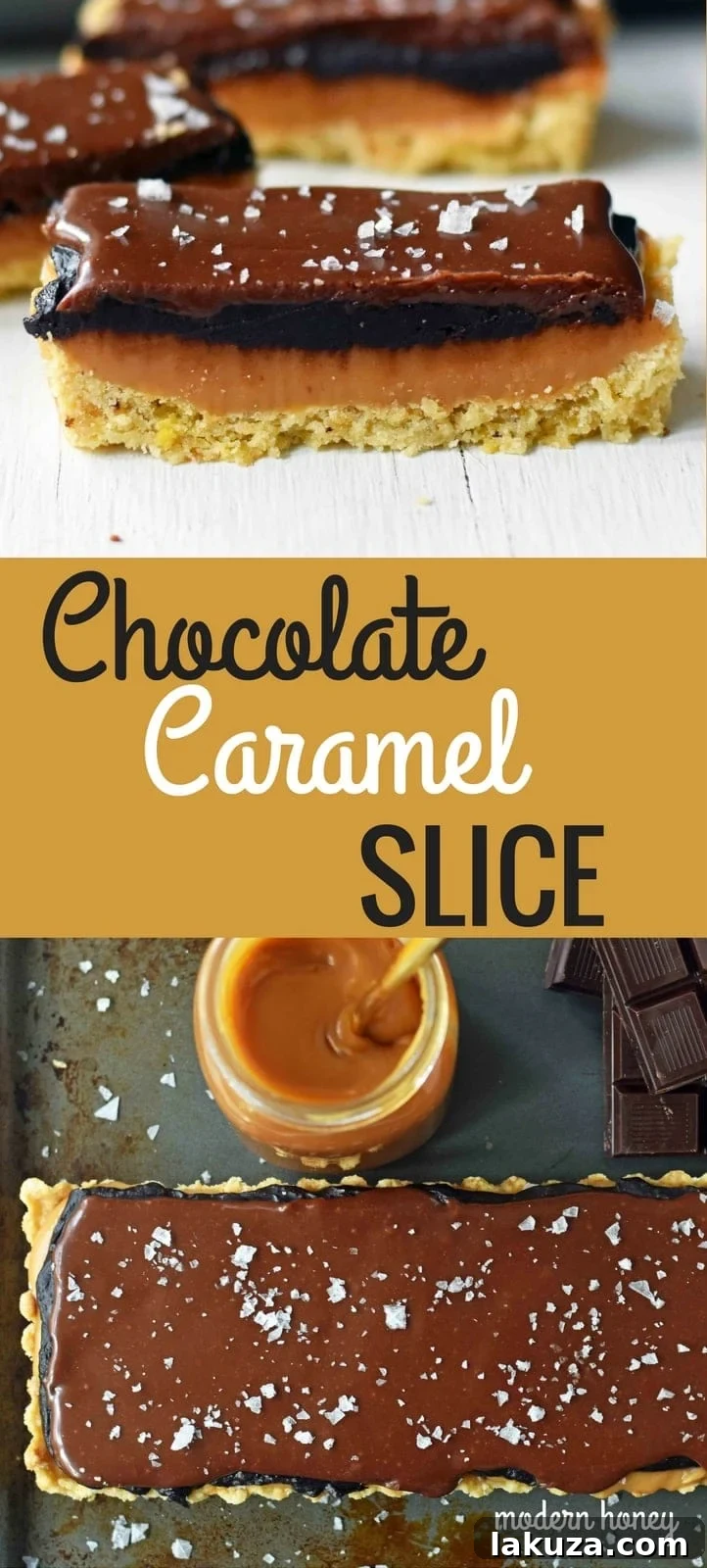 Decadent Chocolate Caramel Bars 7 Chocolate Caramel Slice is a dessert with a buttery shortbread crust, creamy handcrafted caramel, and a silky smooth chocolate glaze. A gourmet Twix candy bar! www.modernhoney.com