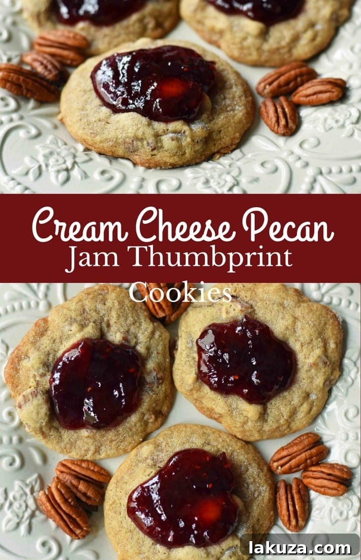 Cream Cheese Pecan Jam Thumbprint Cookies, a soft and chewy cream cheese pecan cookie topped with fresh jam. Pin this recipe to your Pinterest boards!