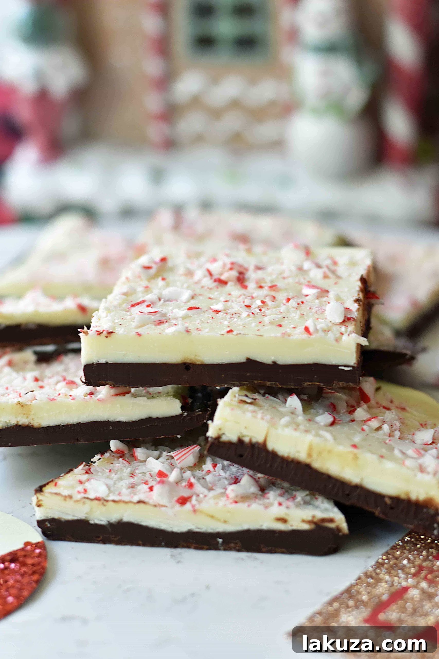 Wintermint Chocolate Crunch 5 Several irregular pieces of homemade Chocolate Peppermint Bark arranged artfully, highlighting the varying sizes and the rich textures of the chocolate and crushed candy canes.