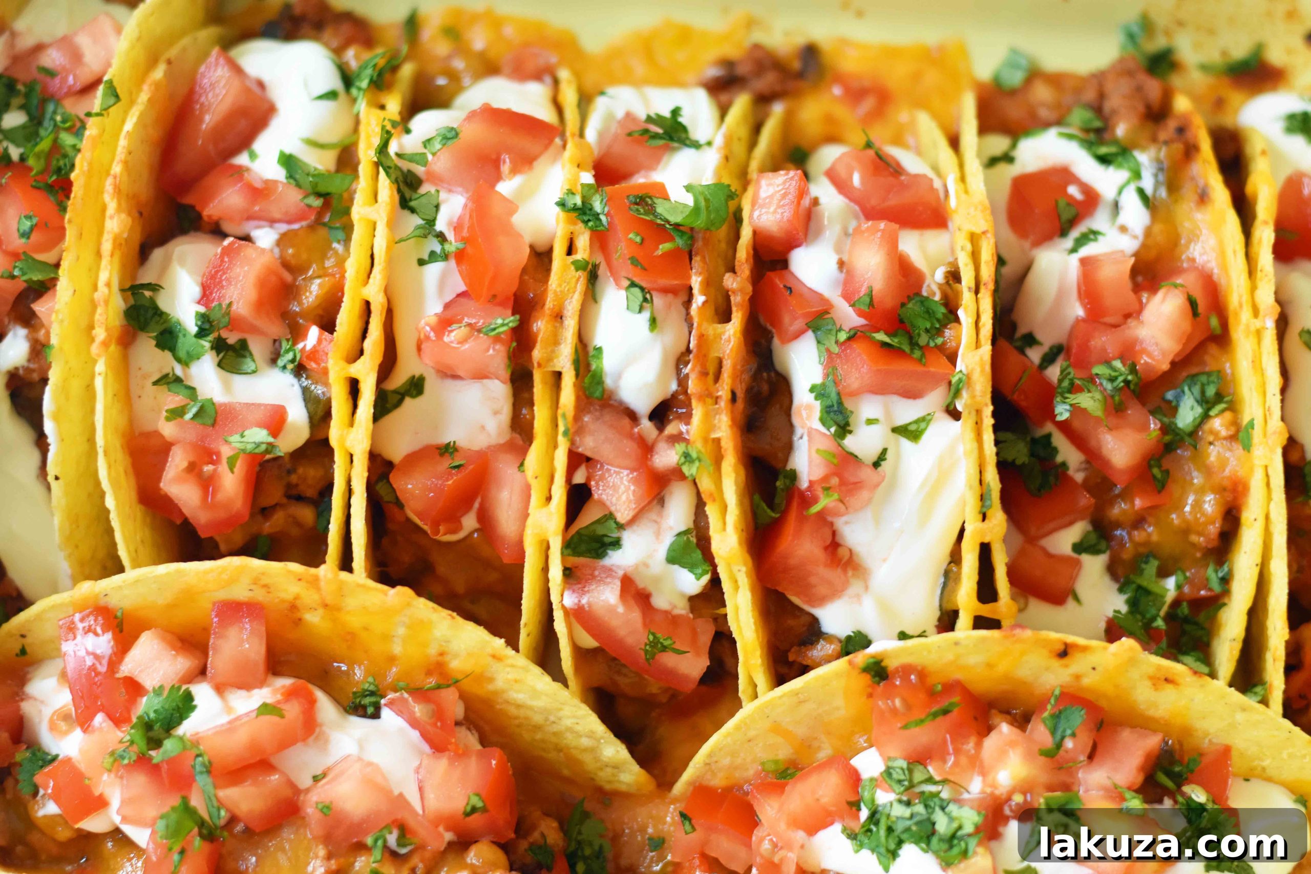 Delicious Oven-Baked Beef Tacos with melted cheese and fresh toppings, a perfect family meal or party appetizer.