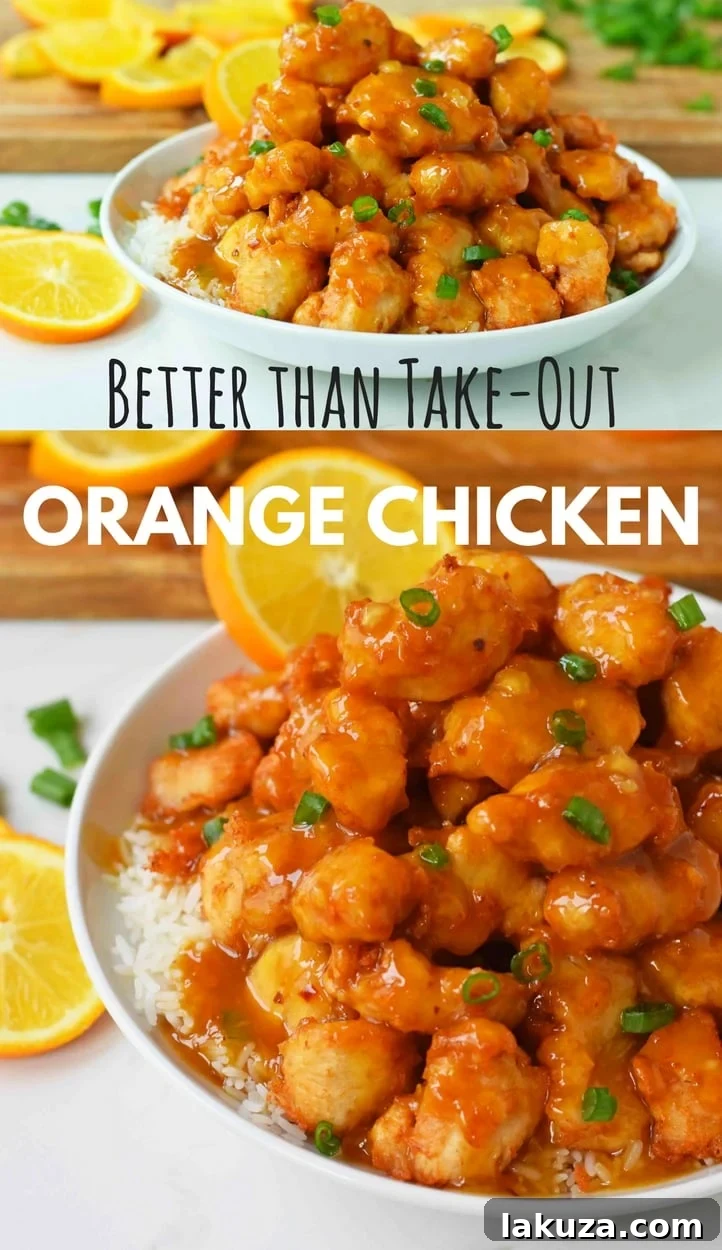 A serving of homemade Chinese Orange Chicken garnished with fresh green onions and orange zest.