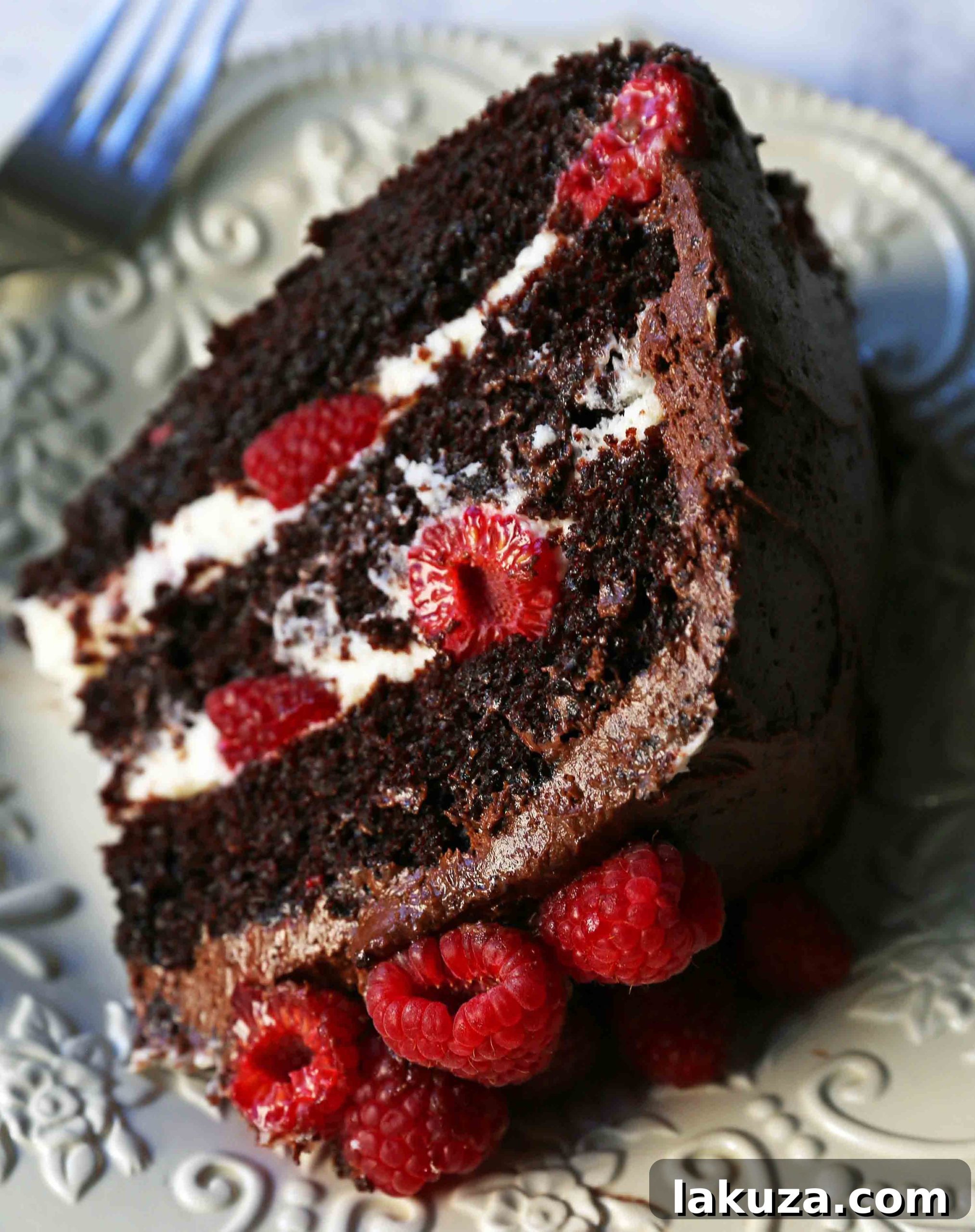 Decadent Chocolate Raspberry Delight 7 A close-up of a slice of Chocolate Raspberry Cake with vibrant fresh raspberries.