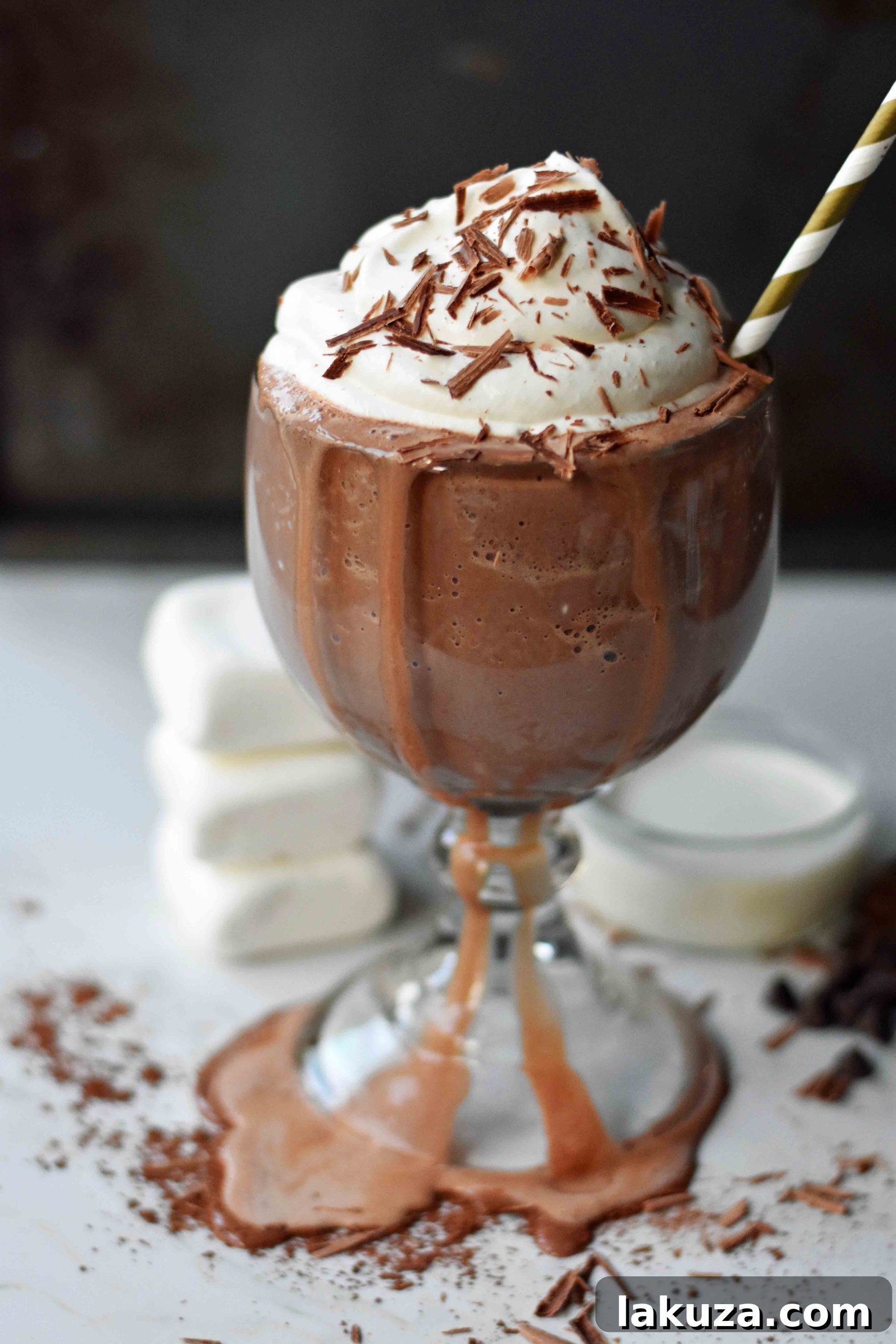 Arctic Chocolate Delight 6 The perfect Serendipity Frozen Hot Chocolate at home. A rich and creamy cold chocolate drink, generously topped with sweet whipped cream and elegant chocolate shavings, is a delightful dessert.