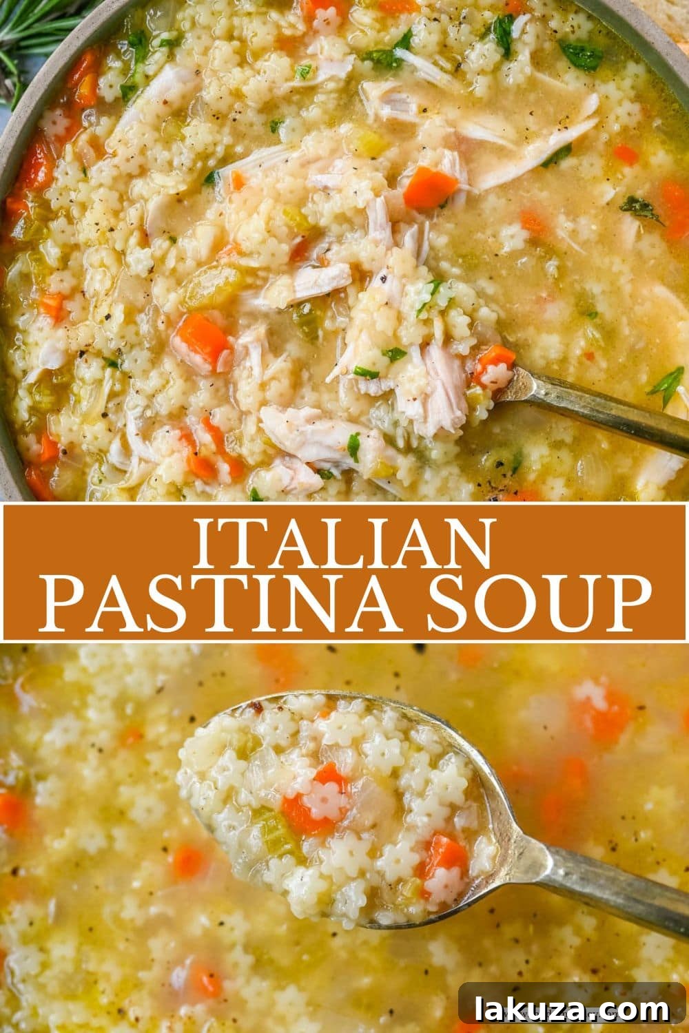 Heartwarming Italian Pastina Soup 7 A beautifully presented bowl of Italian Pastina Soup with a spoon, ready to be eaten.
