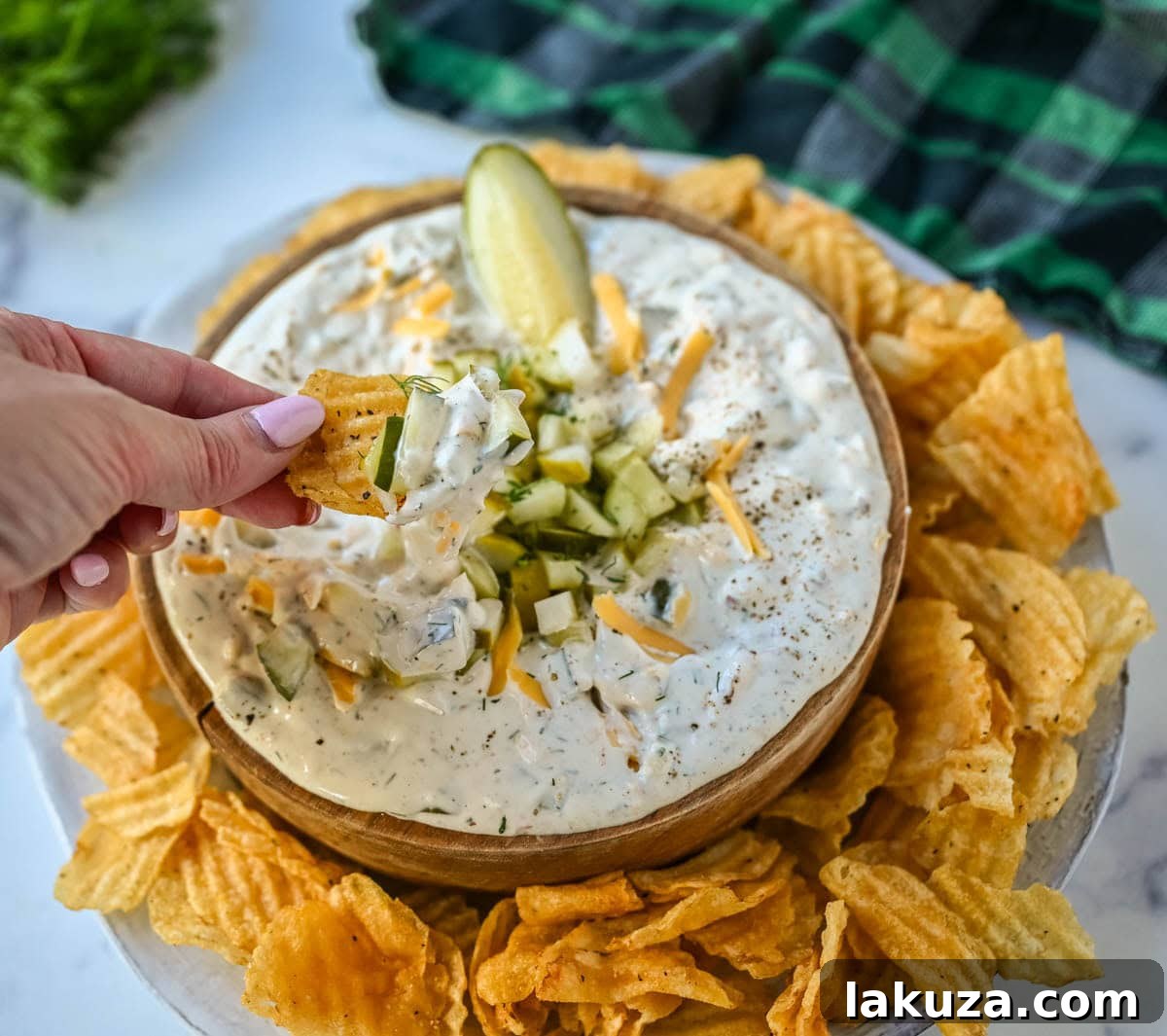 Tangy Dill Delight 5 Dill pickle dip served with assorted chips and vegetable sticks.