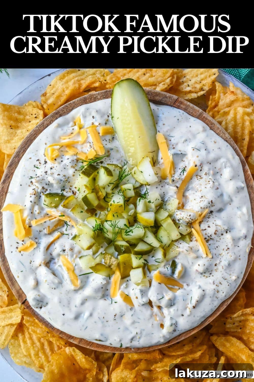 Tangy Dill Delight 6 Overhead view of a bowl of dill pickle dip, ready to be served.