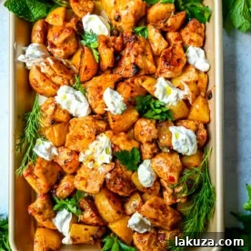 One-pan Harissa Chicken and Roasted Potatoes, a flavorful North African-inspired meal with spicy harissa sauce.