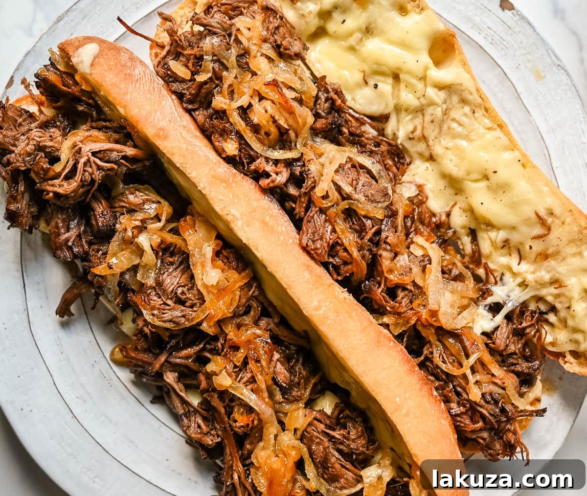 Effortless Slow Cooker French Dip Sandwiches 5 This easy slow cooker French dip sandwich recipe features tender beef, savory au jus, caramelized onions, and melted provolone cheese. Finished with a creamy horseradish aioli, it’s a restaurant-quality sandwich made right at home.