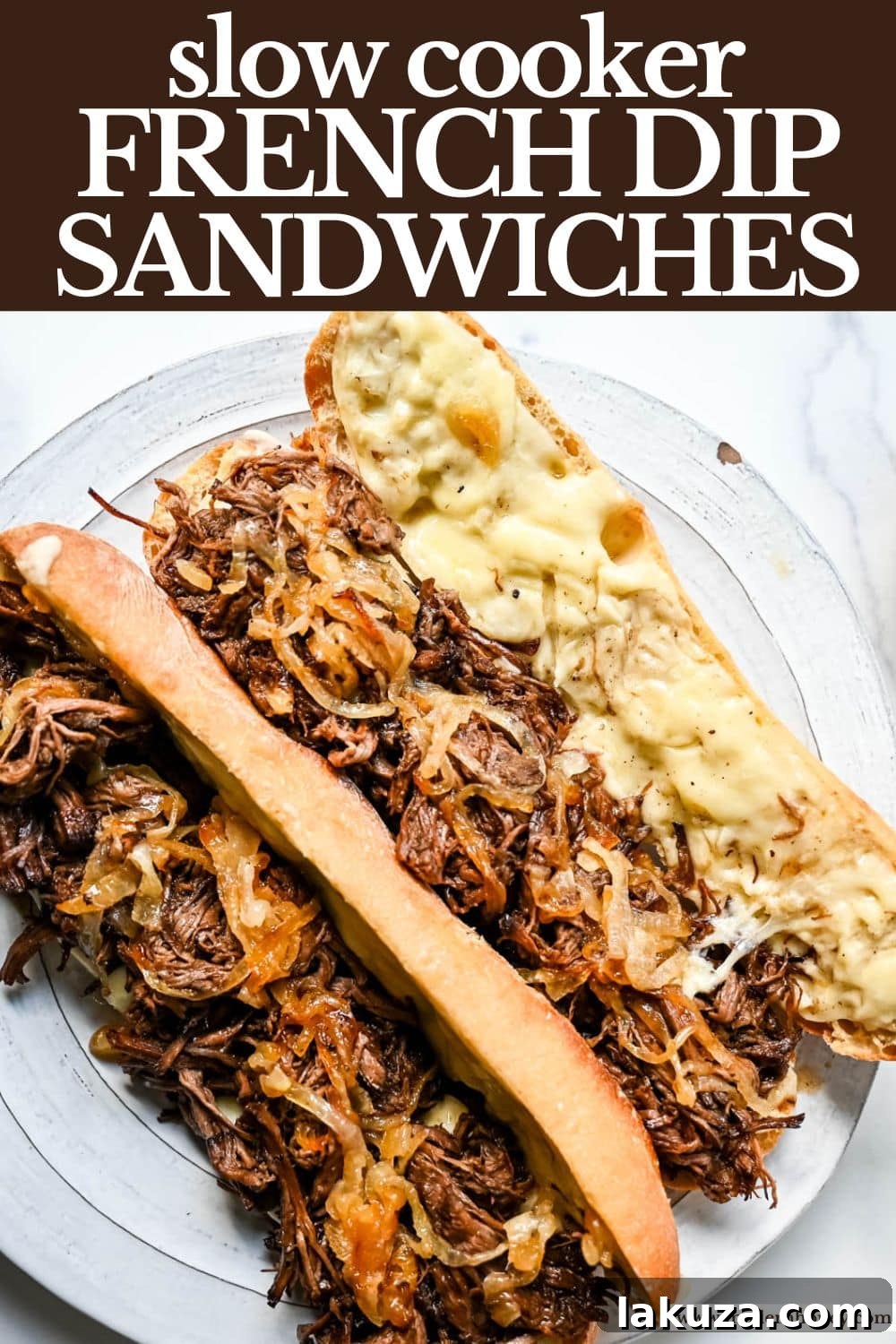 Effortless Slow Cooker French Dip Sandwiches 6 This easy slow cooker French dip sandwich recipe features tender beef, savory au jus, caramelized onions, and melted provolone cheese. Finished with a creamy horseradish aioli, it’s a restaurant-quality sandwich made right at home.