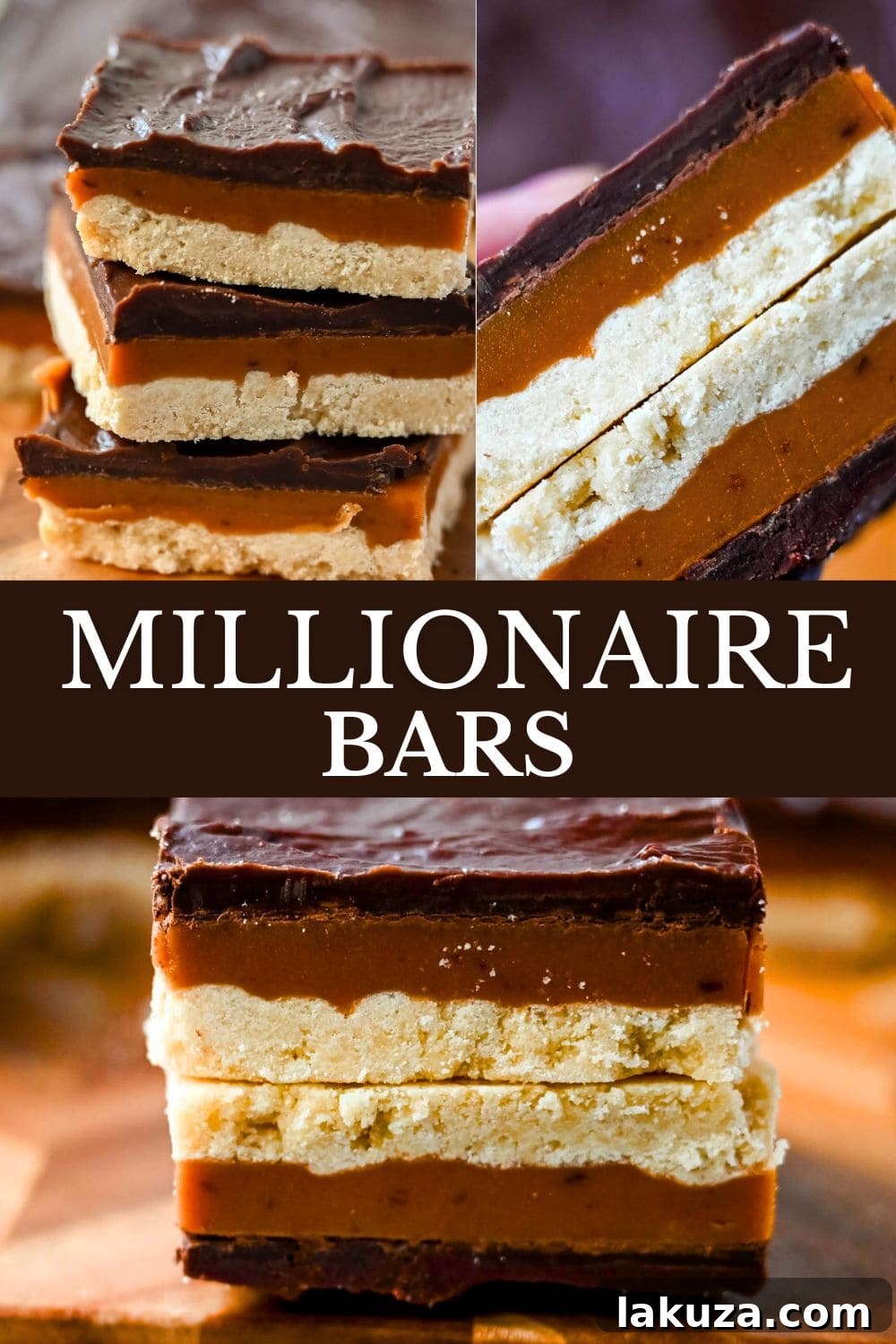 Decadent Millionaire Bars 8 A stack of golden Millionaire Bars, showcasing their perfect layers and rich appearance.