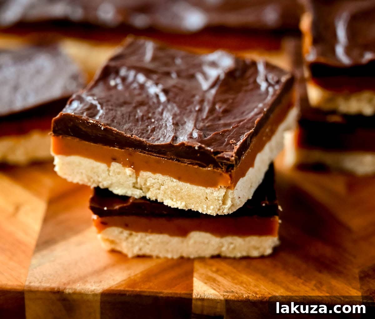 Decadent Millionaire Bars 3 Close-up of a stack of Millionaire Bars, showing the distinct layers of shortbread, caramel, and chocolate.
