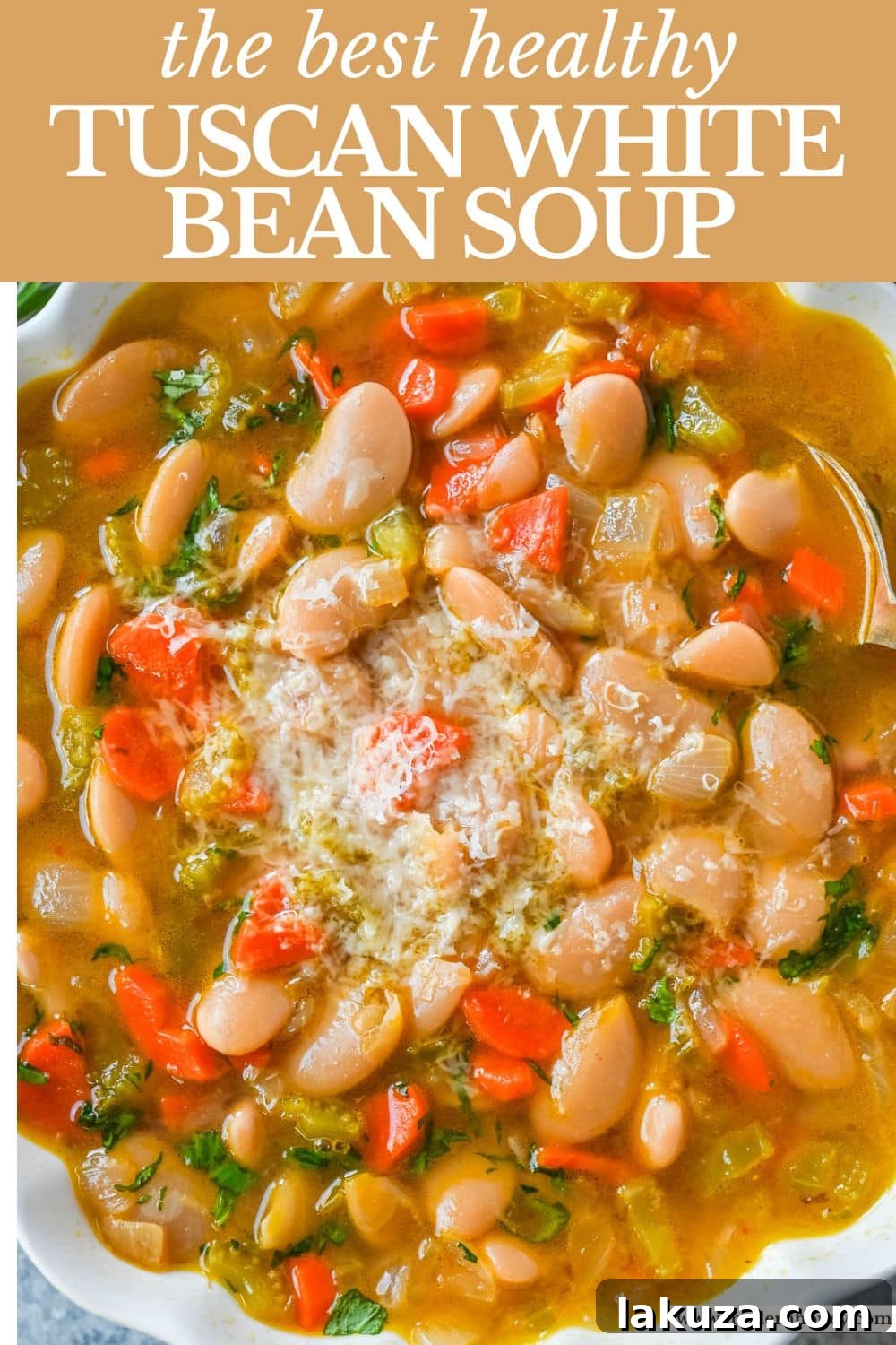 Bowl of Tuscan White Bean Soup garnished with herbs