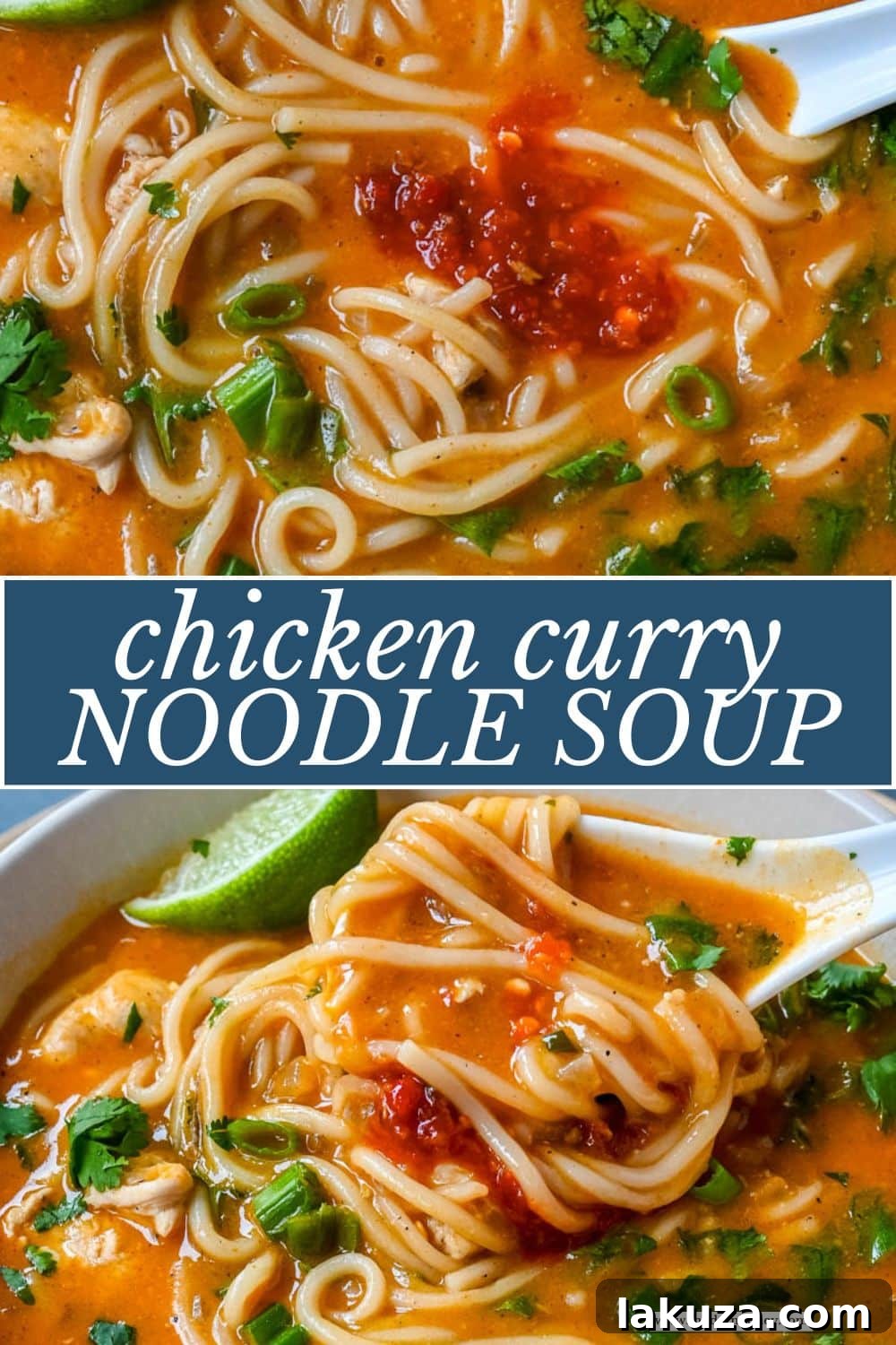 A beautifully presented bowl of Chicken Curry Noodle Soup, garnished with fresh cilantro and a lime wedge. The rich, creamy broth, tender chicken, and perfectly cooked noodles are enticingly visible, ready to be enjoyed.