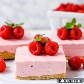 Creamy no-bake raspberry cheesecake filling on top of a shortbread or graham cracker crust topped with fresh raspberries.