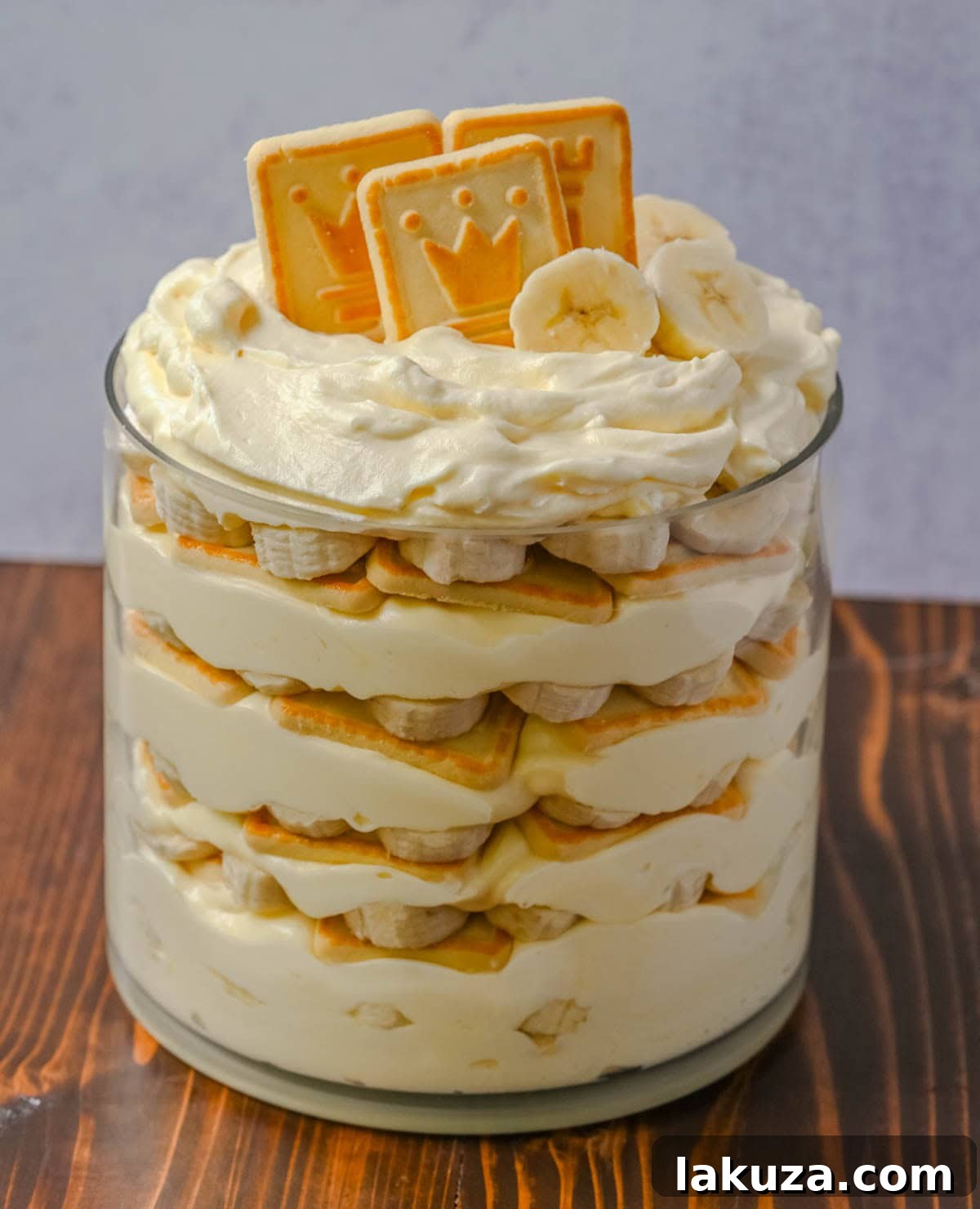 Close-up of the layered no-bake banana pudding with Chessmen cookies, showing the soft cookies, banana slices, and creamy pudding texture.
