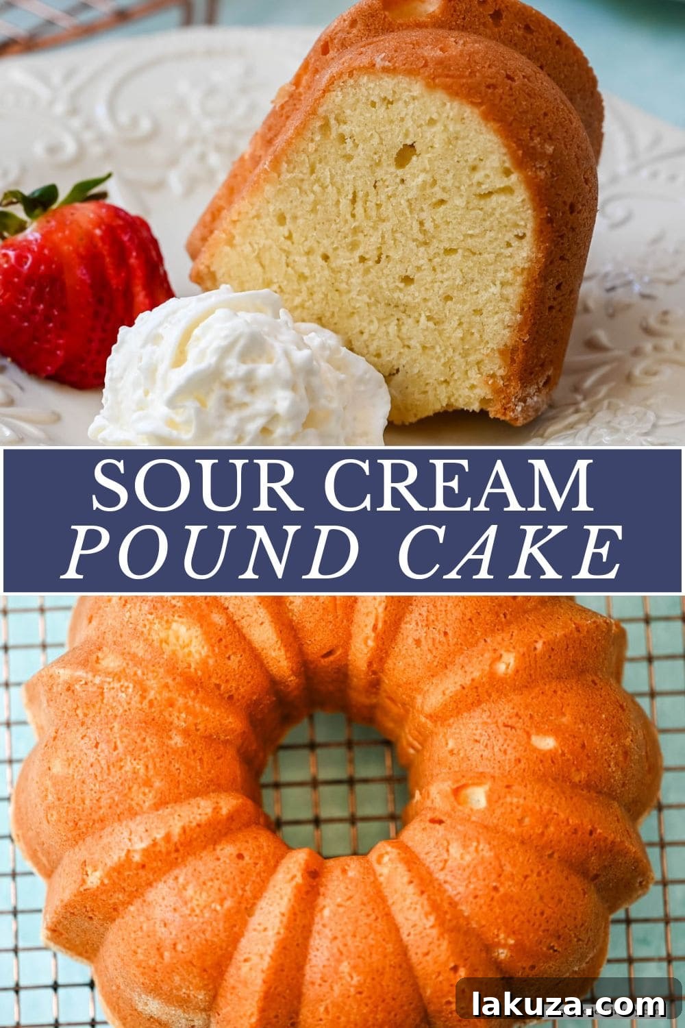 A stunning full view of the classic sour cream pound cake, elegantly presented on a cake stand.