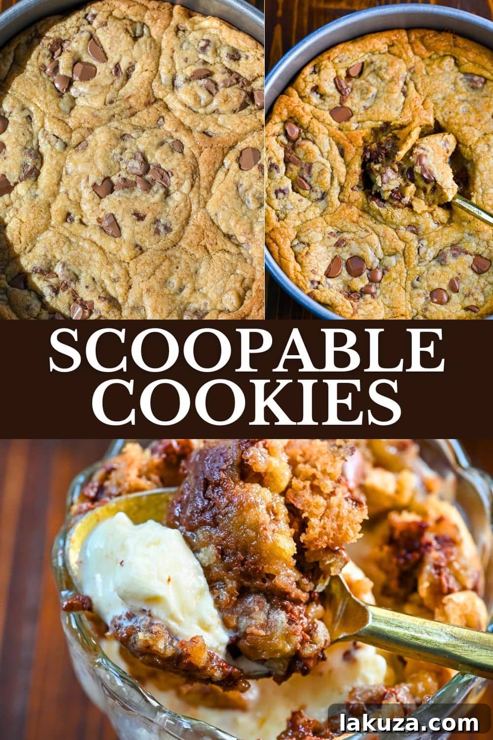 Spoon-Ready Cookie Bliss 9 A large scoopable chocolate chip cookie in a pan, with a scoop taken out.
