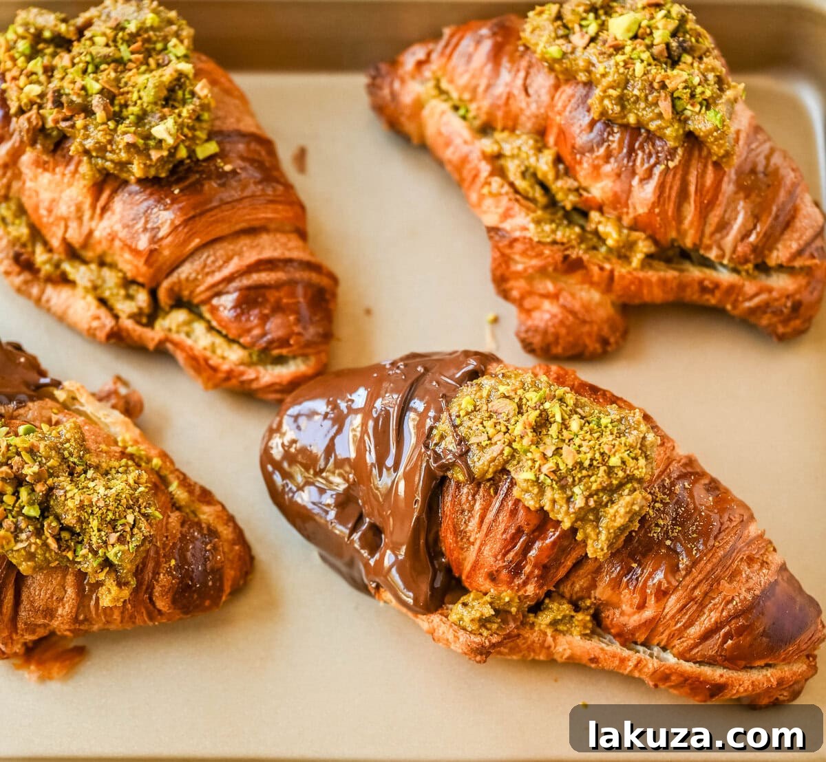 Make your own Pistachio Croissants dipped in chocolate at home in just a few easy steps! Buttery croissants are stuffed with a creamy pistachio cream filling and topped with a simple syrup and chopped pistachios for crunch. The easiest Pistachio chocolate Croissant recipe made in less than 30 minutes!