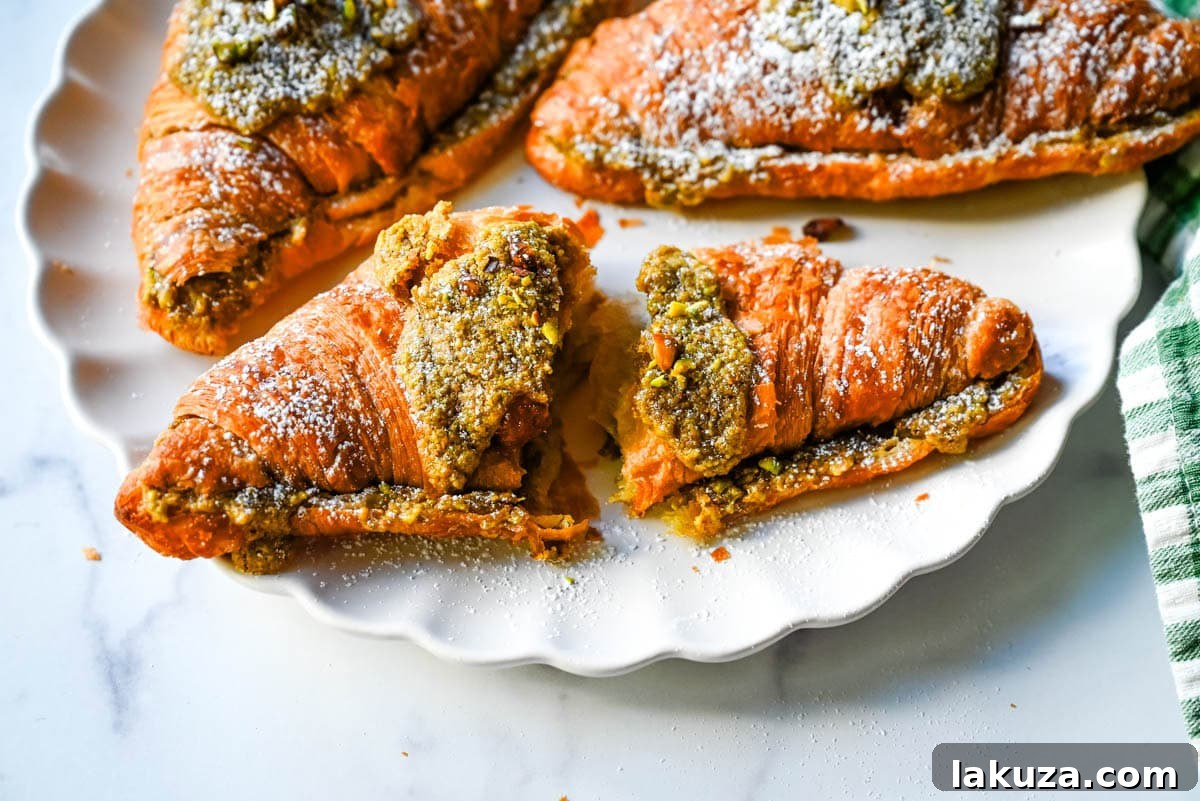 Make your own Pistachio Croissants at home in just a few easy steps! Buttery croissants are stuffed with a creamy pistachio cream filling and topped with a simple syrup and chopped pistachios for crunch. The easiest Pistachio Croissant recipe made in less than 30 minutes!
