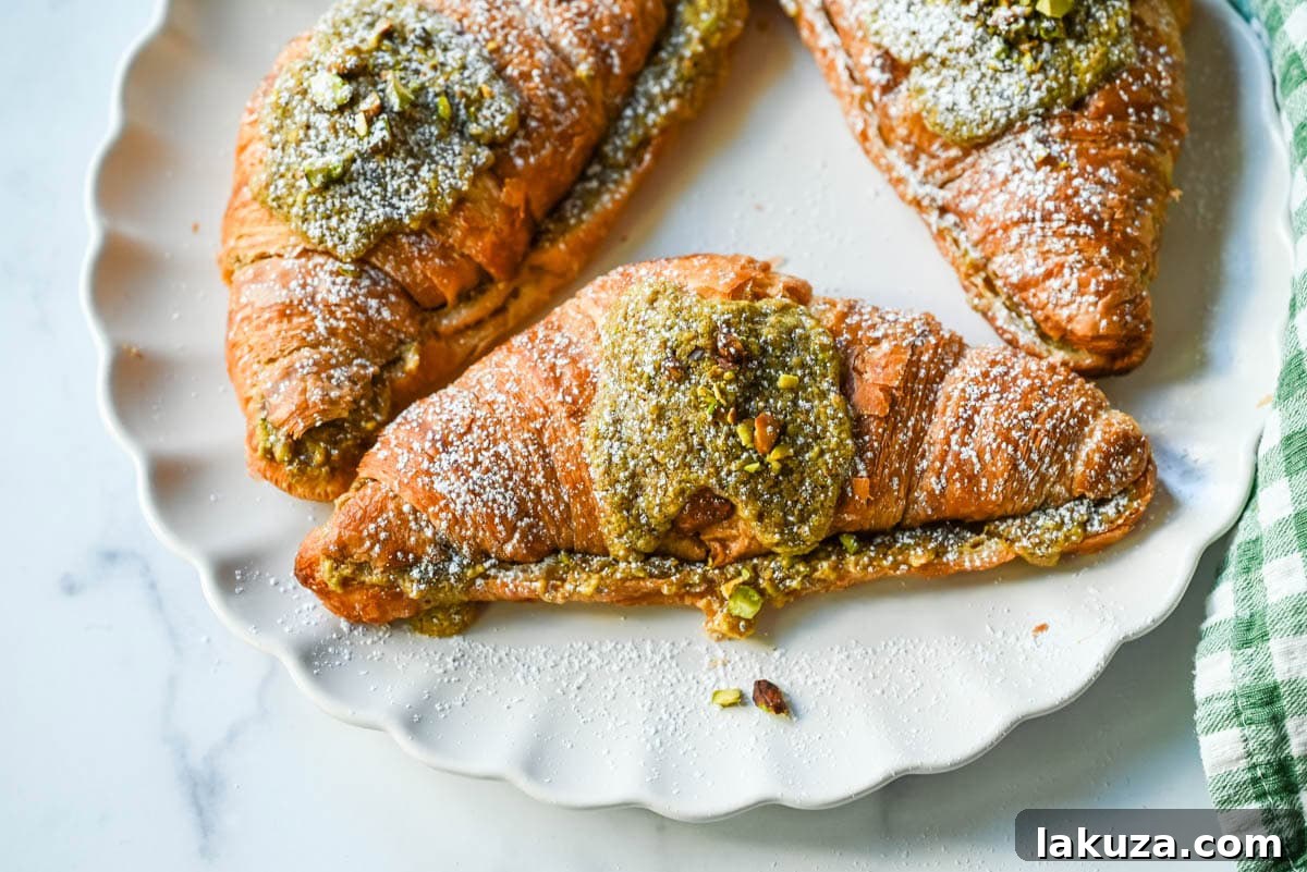 Make your own Pistachio Croissants at home in just a few easy steps! Buttery croissants are stuffed with a creamy pistachio cream filling and topped with a simple syrup and chopped pistachios for crunch. The easiest Pistachio Croissant recipe made in less than 30 minutes!