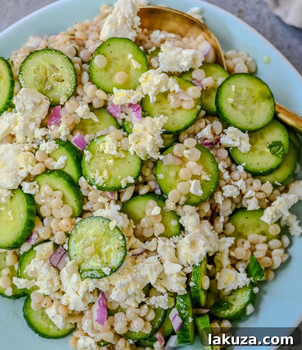 Refreshing Cucumber, Couscous & Feta Salad Recipe 4 This cucumber couscous salad is the ultimate fresh and easy Mediterranean inspired recipe that is light, flavorful, and ready in just 20 minutes. Fluffy couscous is tossed with crisp English cucumber, red onion, and creamy feta cheese then drizzled with a bright and tangy lemon vinaigrette that makes the best fresh side dish!