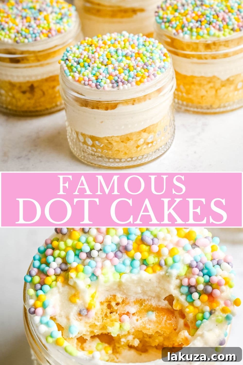 Jarred Dot Cake Recipe: Layered Mini Cakes in a Jar 9 This viral dot cake recipe brings the NYC sprinkle cake trend straight to your kitchen — no trip to Butterfield Market required! Soft, buttery homemade yellow cake layered in a cup, topped with creamy vanilla buttercream, and completely coated in rainbow nonpareil sprinkles for that irresistible crunch. This easy homemade version is better than any boxed mix recipe you'll find — and takes less than an hour to make!