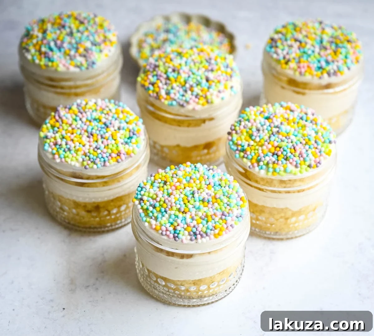 Jarred Dot Cake Recipe: Layered Mini Cakes in a Jar 4 Dot Cake Recipe (Cake in a jar). This viral dot cake recipe brings the NYC sprinkle cake trend straight to your kitchen — no trip to Butterfield Market required! Soft, buttery homemade yellow cake layered in a cup, topped with creamy vanilla buttercream, and completely coated in rainbow nonpareil sprinkles for that irresistible crunch. This easy homemade version is better than any boxed mix recipe you'll find — and takes less than an hour to make!