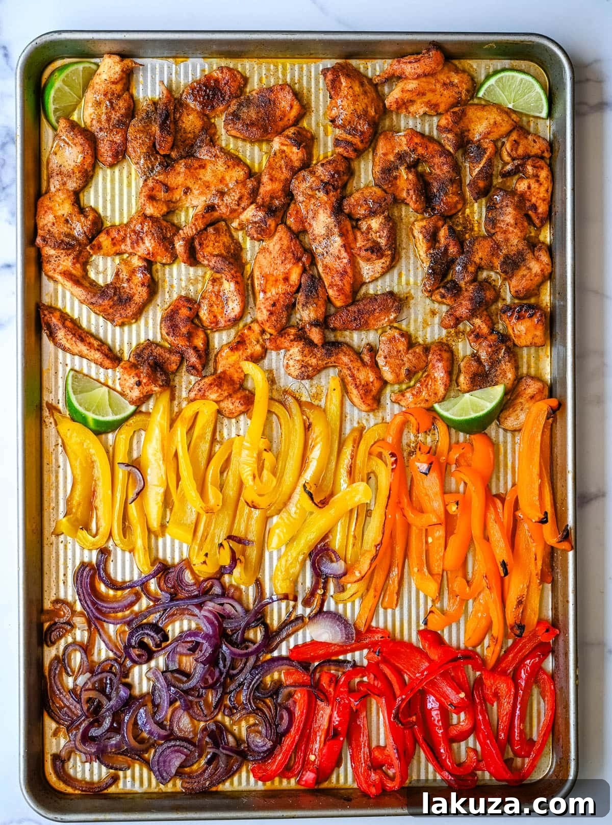 These sheet pan chicken fajitas are the easiest weeknight dinner you will ever make, with juicy seasoned chicken, colorful bell peppers, and sweet onion all roasted together on one pan for minimal cleanup. These easy chicken fajitas are a healthy, flavorful weeknight dinner served with all your favorite toppings.