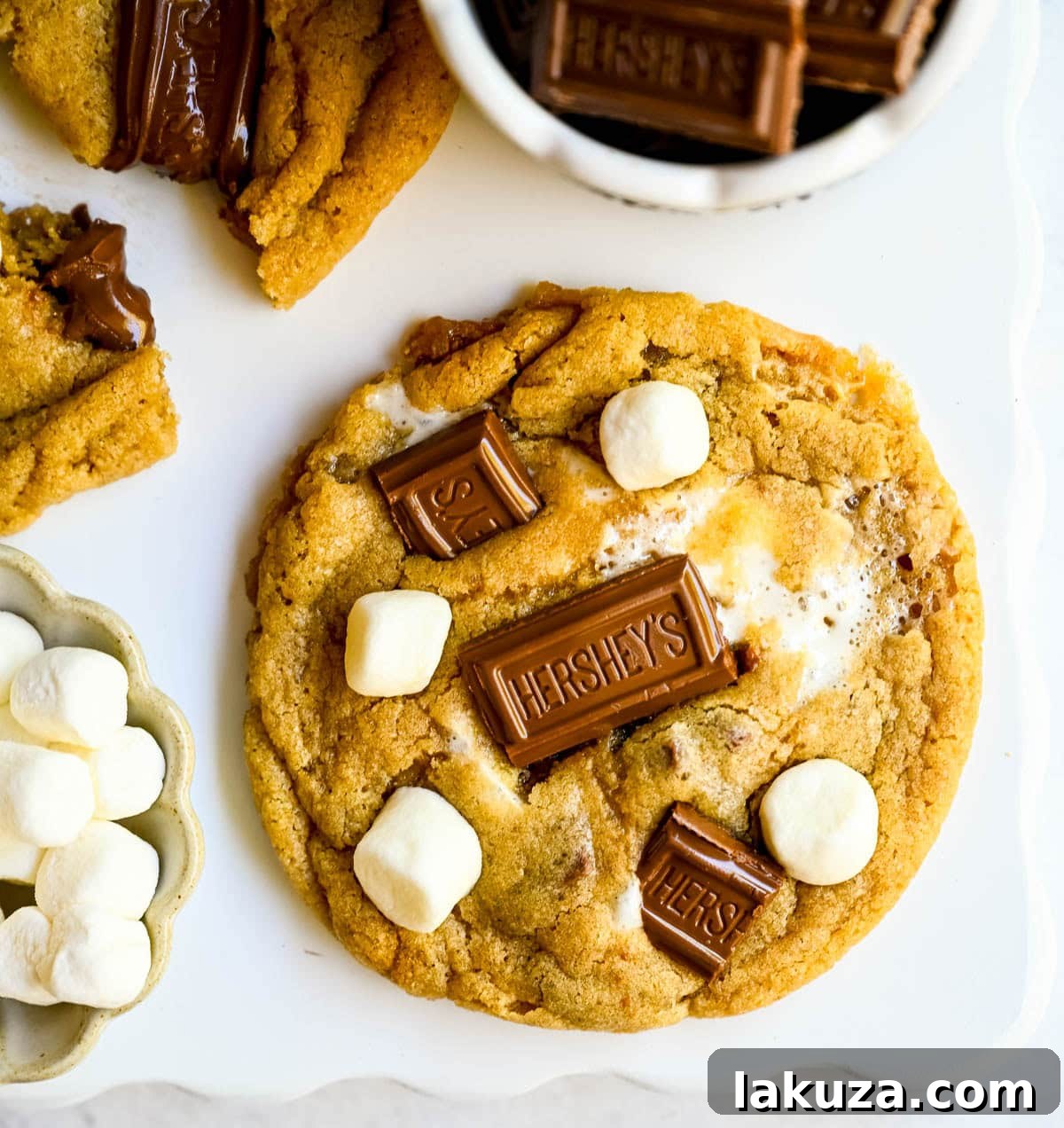 These homemade s'mores cookies are thick, soft, and chewy with gooey marshmallow bits and chopped Hershey bar throughout every bite. A full cup of finely crushed graham cracker crumbs goes straight into the dough, giving these cookies that unmistakable campfire s'mores flavor! This easy s'mores cookie recipe comes together in one bowl and is ready from start to finish in about 30 minutes.