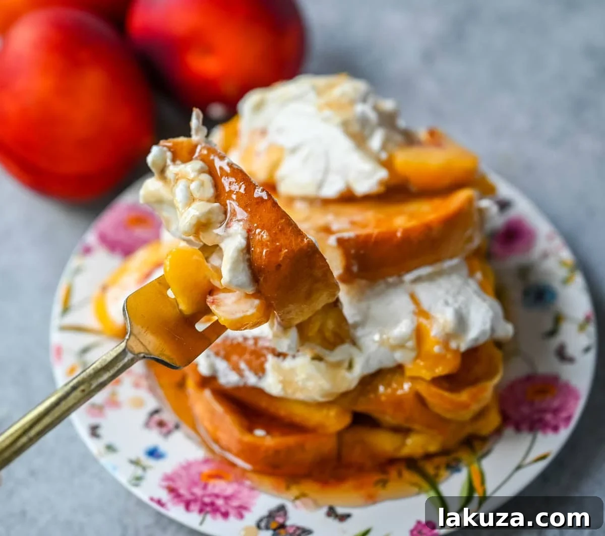 Peaches and Cream French toast with whipped cream and peach slices