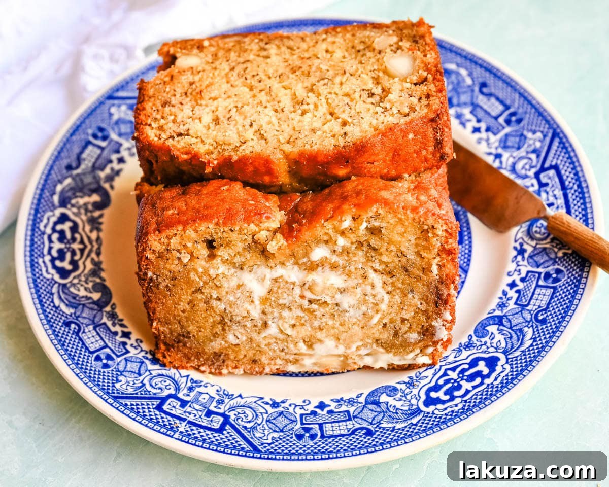 Close-up of banana nut bread crumb and nuts.