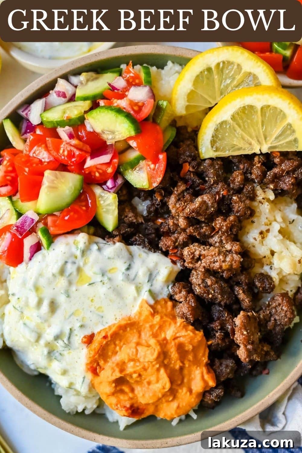Greek Beef Bowls with Tzatziki, Feta and Lemon Rice 10 Greek Beef Bowls. Juicy seasoned ground beef, bright lemon rice, feta, cucumbers, tomatoes and tzatziki in one easy 35-minute dinner. High-protein bowls that hold up all week for lunches.